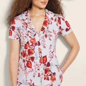 Soma Cool Nights Short Sleeve Notched Collar Floral Blue Mist Top